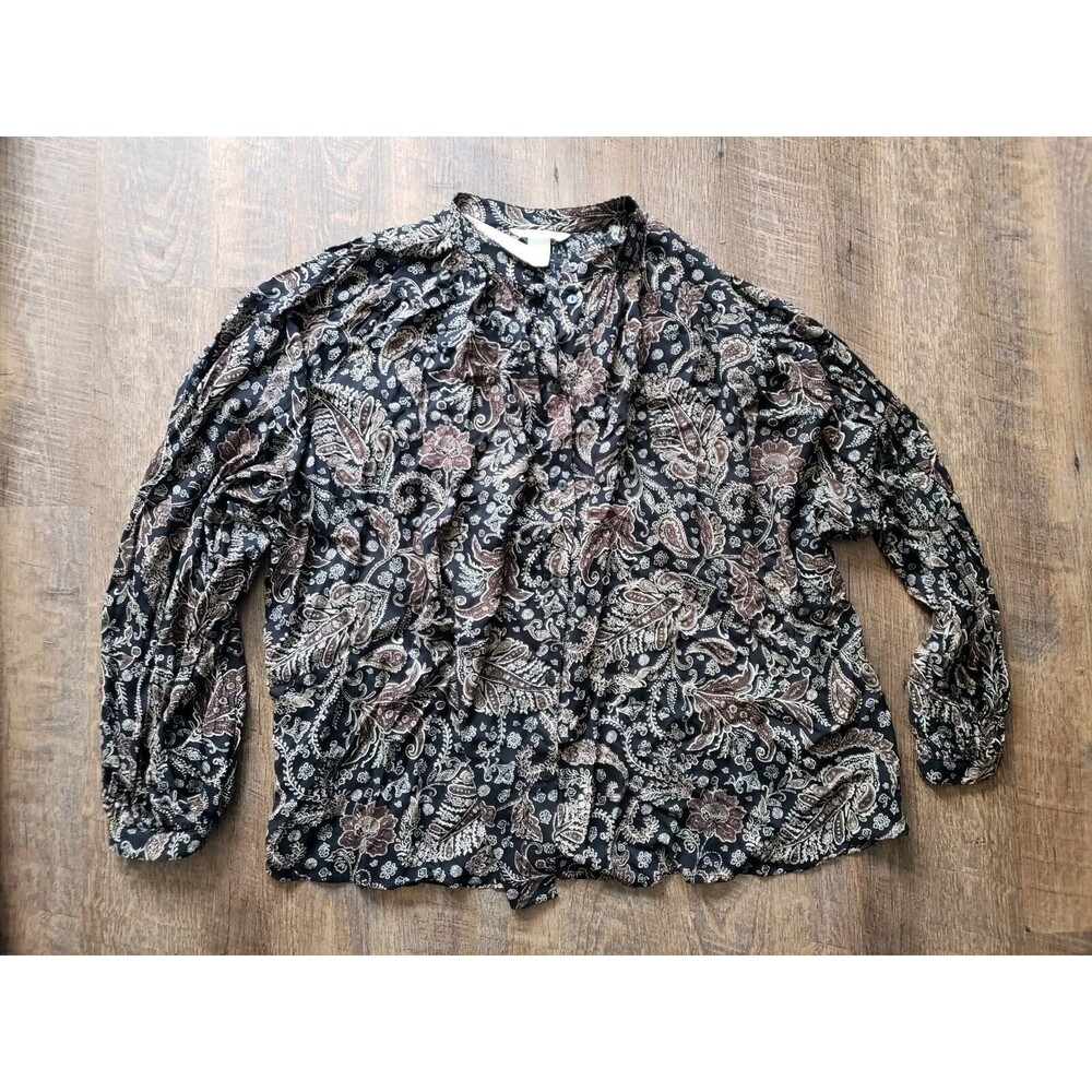 Womens 14 (XL) H&M Black Patterned Lightweight Button Up Shirt